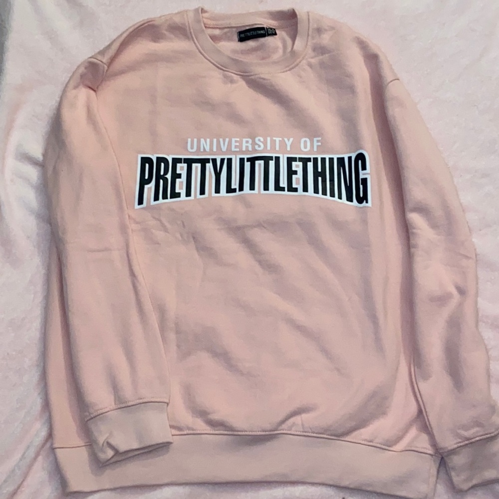 BNWOT PrettyLittleThing Baby Pink “University of PLT” Sweatshirt, Size 10 Petite